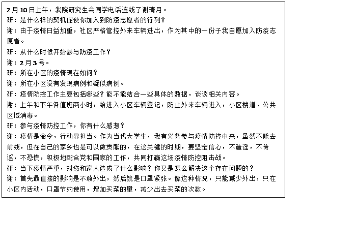 文本框: 2月10日上午，我院研究生会同学电话连线了谢清月。研：是什么样的契机促使你加入到防疫志愿者的行列？谢：由于疫情日益加重，社区严格管控外来车辆进出，作为其中的一份子我自愿加入防疫志愿者。研：从什么时候开始参与防疫工作？谢：2月3号。研：所在小区的疫情现在如何？谢：所在小区没有发现病例和疑似病例。研：疫情防控工作主要包括哪些？能不能结合一些具体的数据，谈谈相关内容。谢：上午和下午各值班两小时，给进入小区车辆登记，防止外来车辆进入，小区楼道、公共区域消毒。研：参与疫情防控工作，你有什么感想？谢：疫情是命令，行动显担当。作为当代大学生，我有义务参与疫情防控中来，虽然不能去前线，但在自己的家乡也是可以做贡献的，在这关键的时期，要坚定信心，不造谣，不传谣，不恐慌，积极地配合党和国家的工作，共同打赢这场疫情防控阻击战。研：当下疫情严重，对您和家人造成了什么影响？你又是怎么解决这个存在问题的？谢：首先最直接的影响是不敢外出，然后就是口罩紧张。像这种情况，只能减少外出，只在小区内活动，口罩节约使用，增加买菜的量，减少出去买菜的次数。